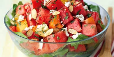 Tomato-Watermelon Salad with Feta and Toasted Almonds