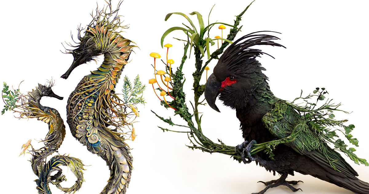 Ornate Birds and Sea Creatures Spring to Life With Environmental Embellishments of Flowers and Foliage