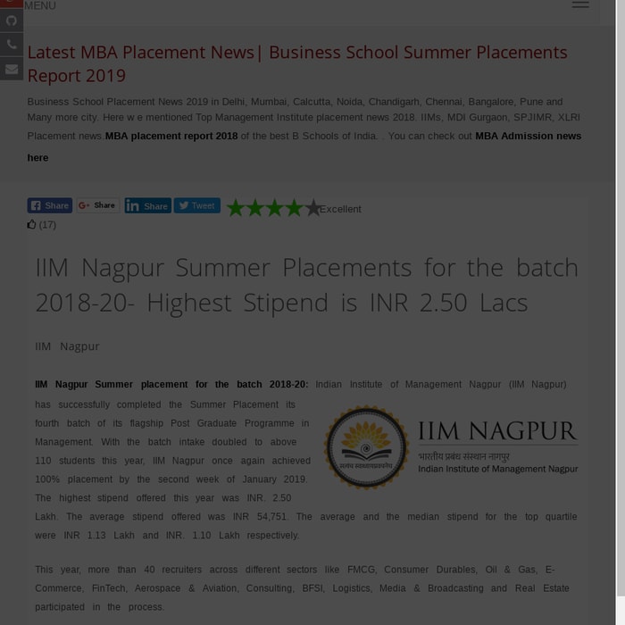 IIM Nagpur Summer Placements for the batch 2018-20- Highest Stipend is INR 2.50 Lacs