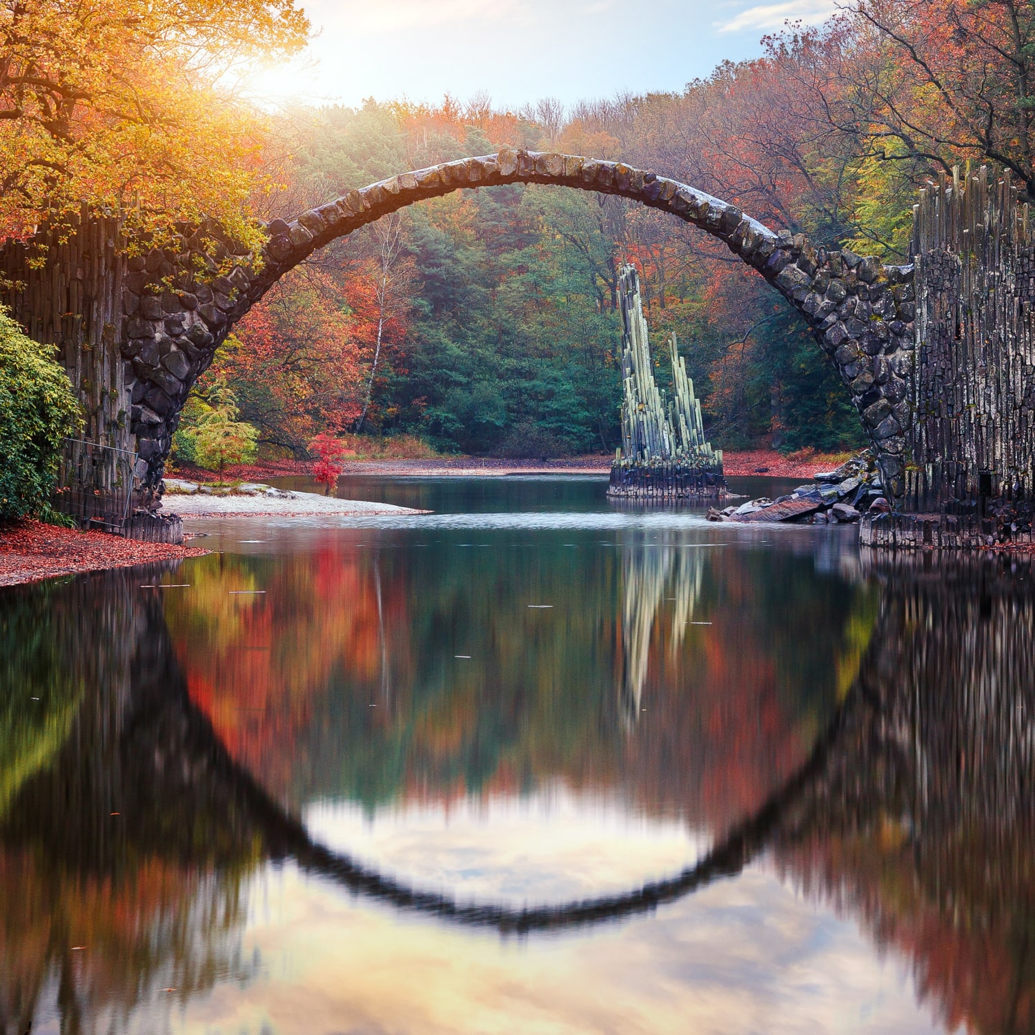 The arch on this bridge in Germany forms a perfect circle when the waters are calm.