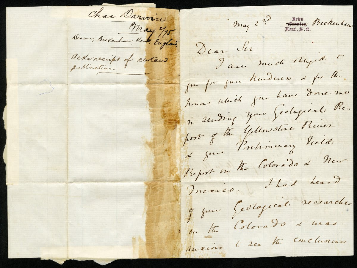 Happy birthday to Charles Darwin! This letter, written by Darwin and likely sent to Smithsonian explorer Ferdinand Vandeveer Hayden, was stolen from the Archives in the mid-1970s. 🔎 The FBI returned the document in 2016. https://t.co/x2PSF9cudM (SIA2016-9764a)
