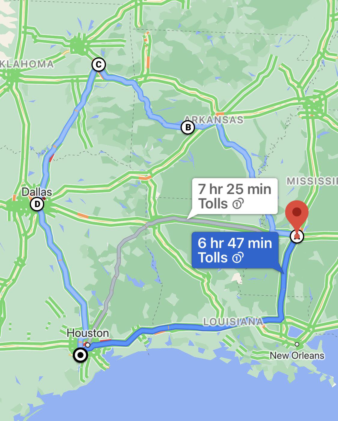 Houston -> Louisiana -> Jackson, MS -> Memphis, TN -> Hot springs, AR ...