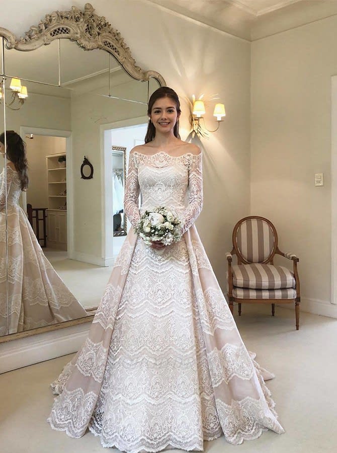 A-Line Off-the-Shoulder Court Train Lace Wedding Dress with Long Sleeves