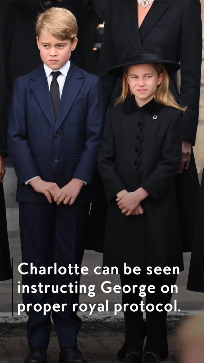 Watch this sweet moment between Princess Charlotte and Prince George as the young princess helps her older brother follow royal protocol at Queen Elizabeth's funeral.