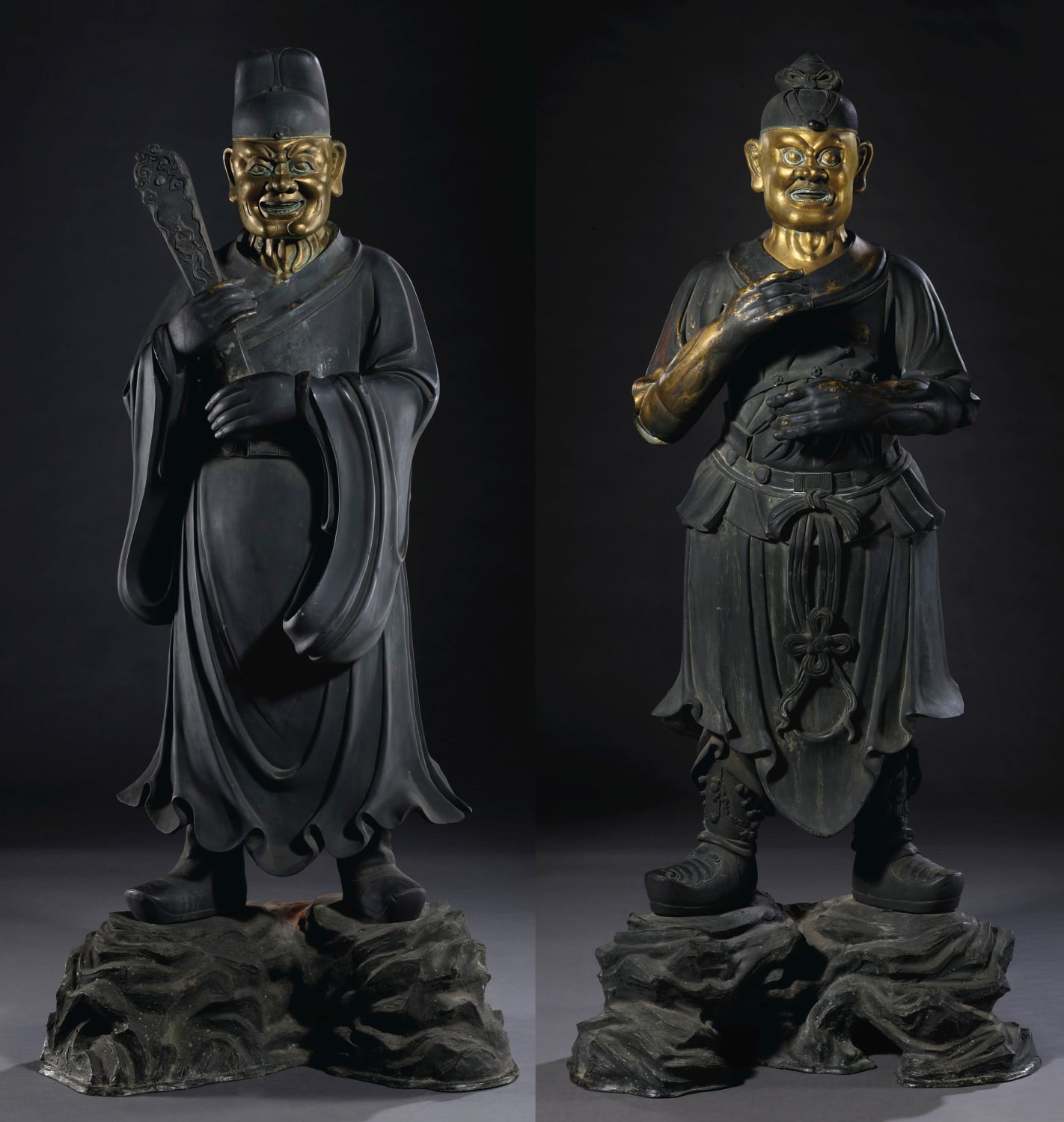 Two bronze statues of deities with gilded faces. China, Ming dynasty, 16th-17th century