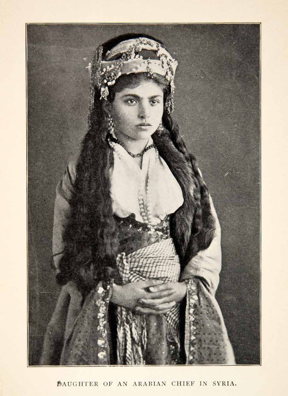 "Daughter of an Arabian Chief in Syria" Woman in traditional costume with jewelry headdress. Photographed by Tancrède Dumas, c.1875