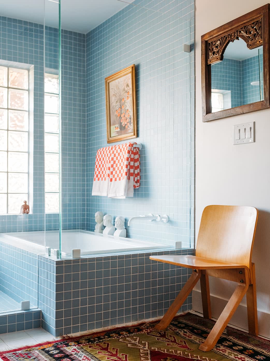 Blue subway tiled bathroom in a renovated Dallas home, Texas