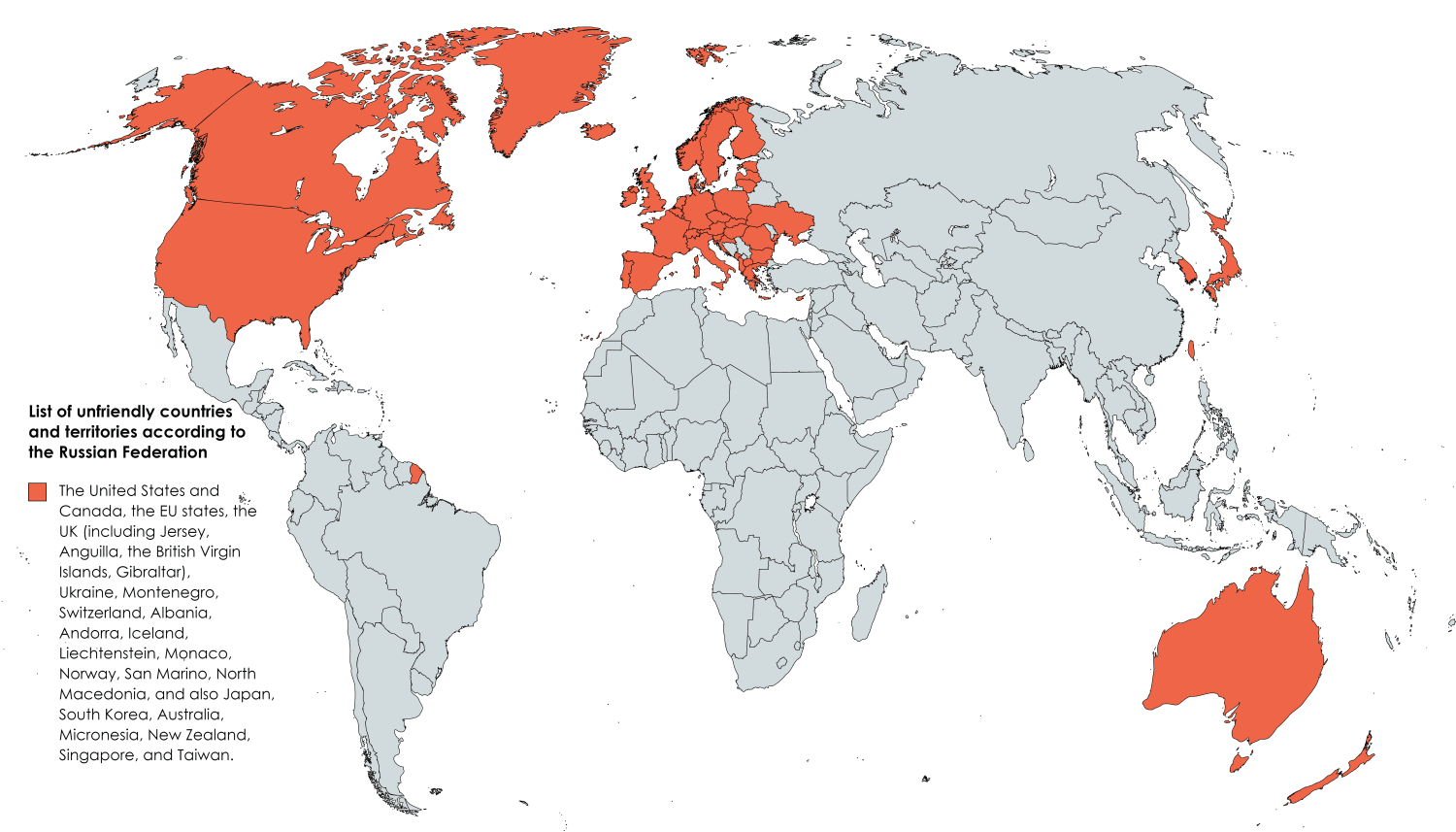 List of unfriendly countries and territories according to the Russian Federation (approved 6 February 2022)