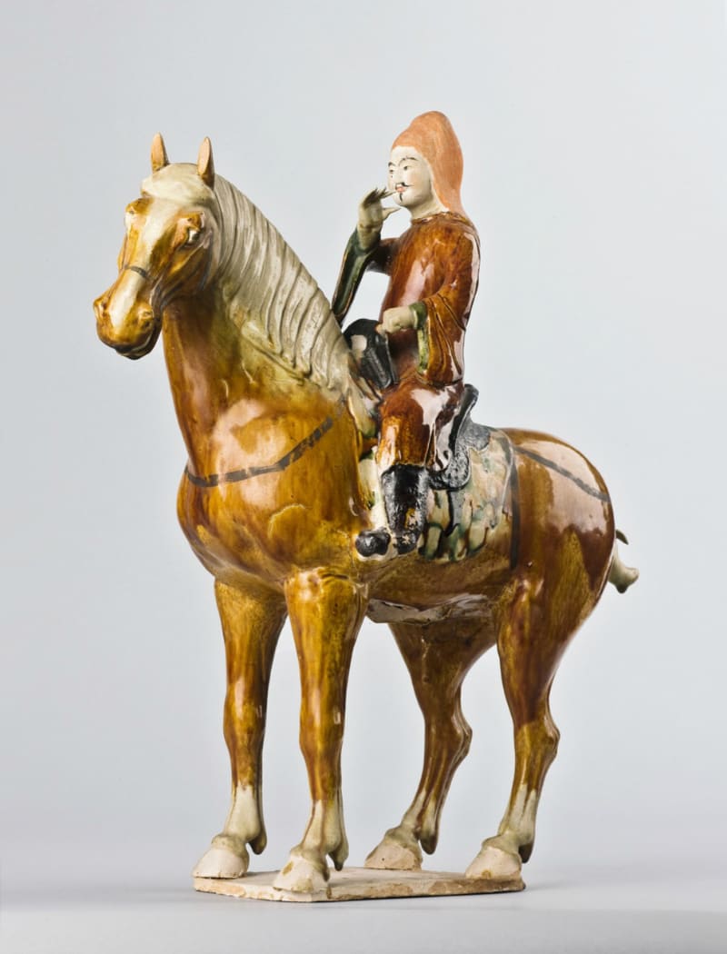 Horse and mounted musician, glazed ceramic. China, Tang dynasty, 7th-8th century