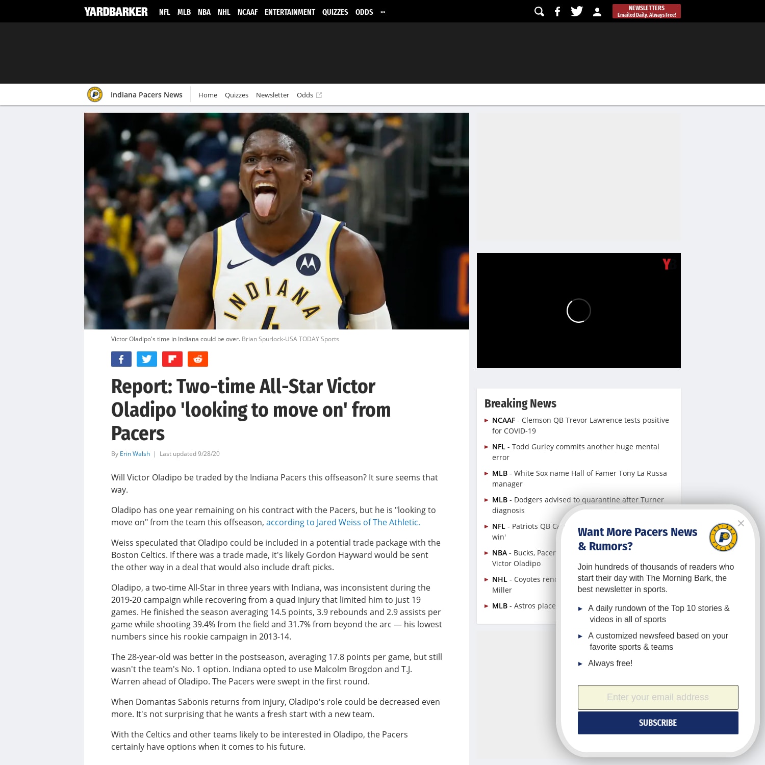 Report: Two-time All-Star Victor Oladipo 'looking to move on' from Pacers