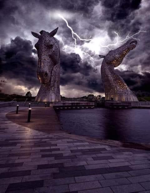The Kelpies, Scotland, during tonights thunderstorm.