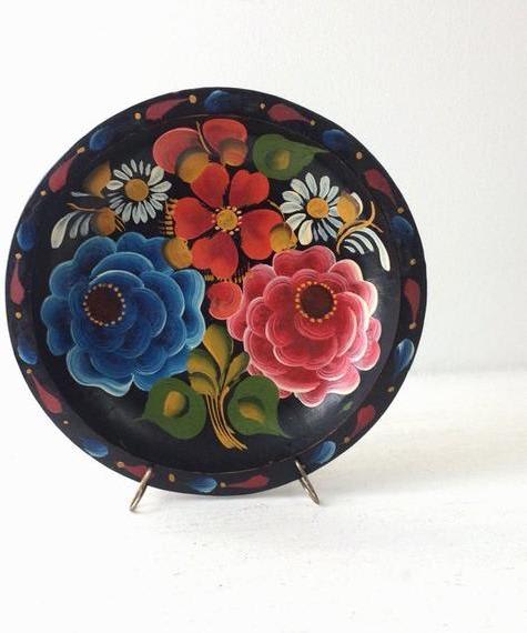 Mexican floral Batea dish, vintage handpainted tole ware carved wood bowl, red & blue flowers