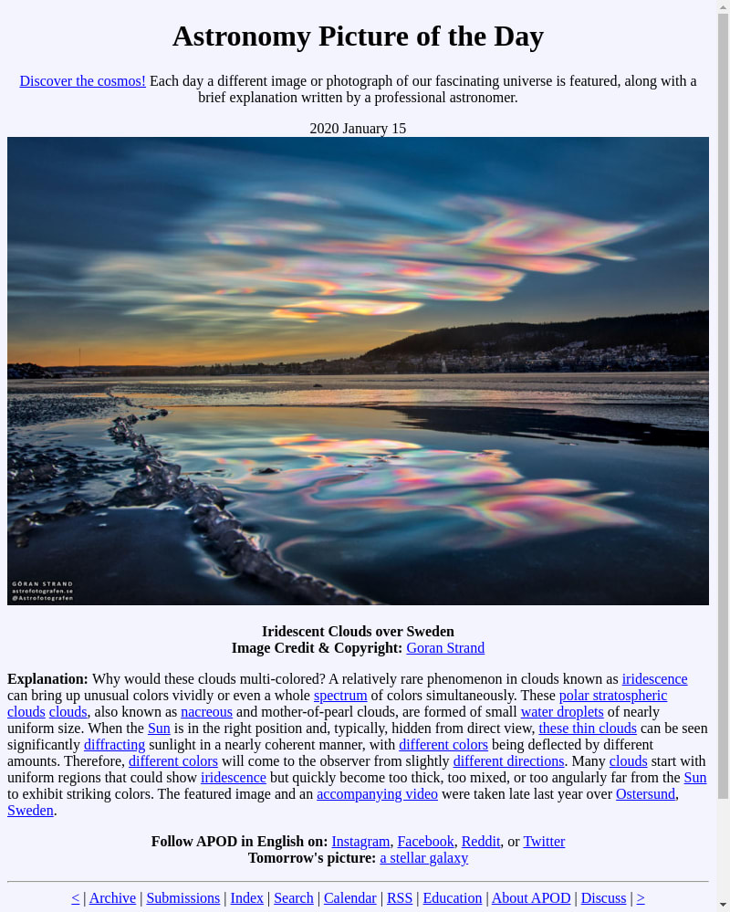 APOD: 2020 January 15 - Iridescent Clouds over Sweden
