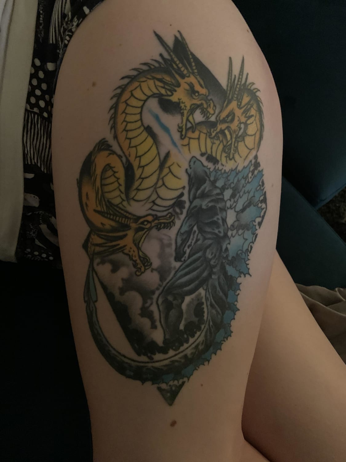 Half year healed Godzilla Vs King Ghidora (by Onnie from TLD Tattoo, Australia)