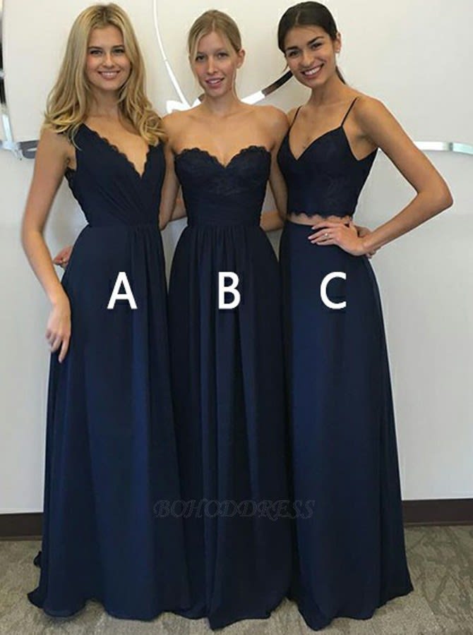 A-Line V-Neck Floor-Length Dark Blue Chiffon Prom Dress with Lace