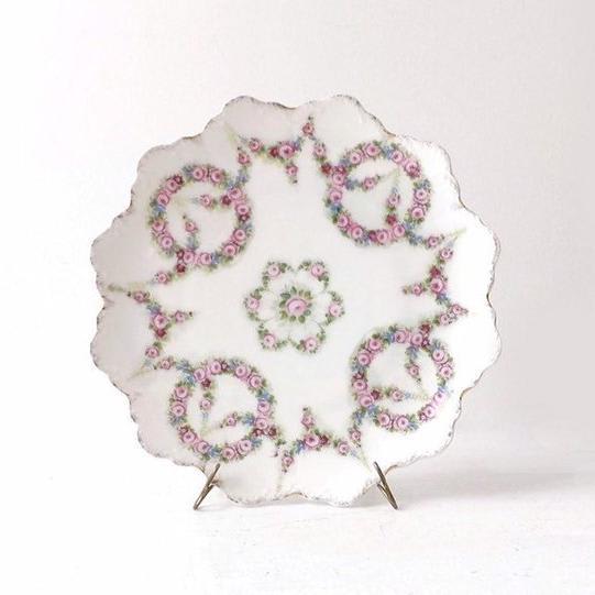 Rosenthal Malmaison plate, shabby pink rose wreaths & swags, vintage dining cabinet display, housewarming gift, wedding cake or cookie tray