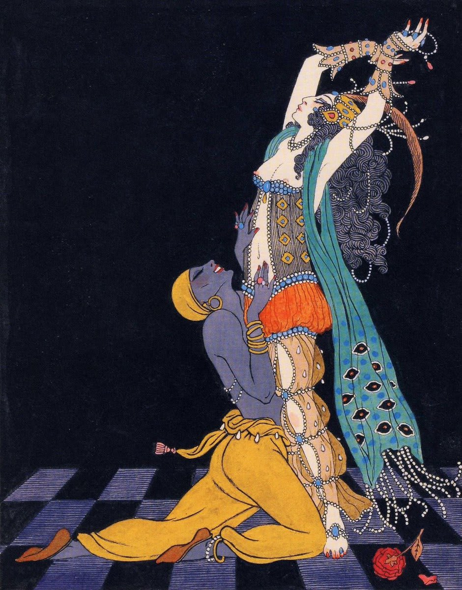 DESIGNS ON THE DANCES OF VASLAV NIJINSKY (1913) by George Barbier. A catalogue of sorts of some of Nijinsky’s most famous roles, in Les Sylphides, Scheherazade, L'après-midi d'un faune, Le Sacre du Printemps, Pétrouchka, and others.