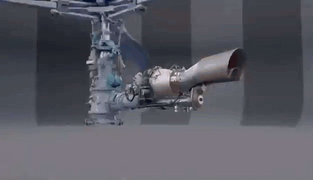 Helicopter engine, transmission, swash plate and rotors.