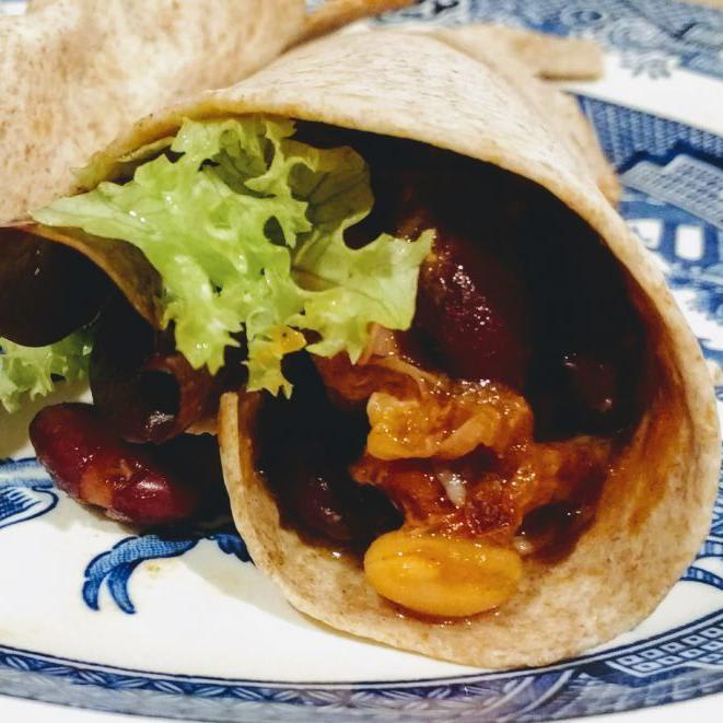 Slow Cooked Pulled Pork and Bean Tortilla Wraps with a Ketchup Sauce! - Liberty on the Lighter Side