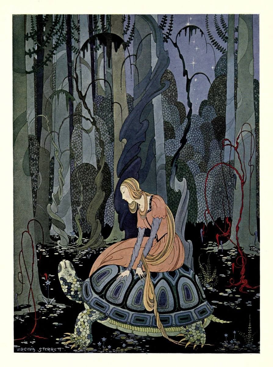 "They were three months passing through the forest", an illustration (for Old French Fairy Tales, 1920) by Virginia Frances Sterrett who died of tuberculosis onthisday in 1931, at the age of just 30. See more of her magical illustrations here: