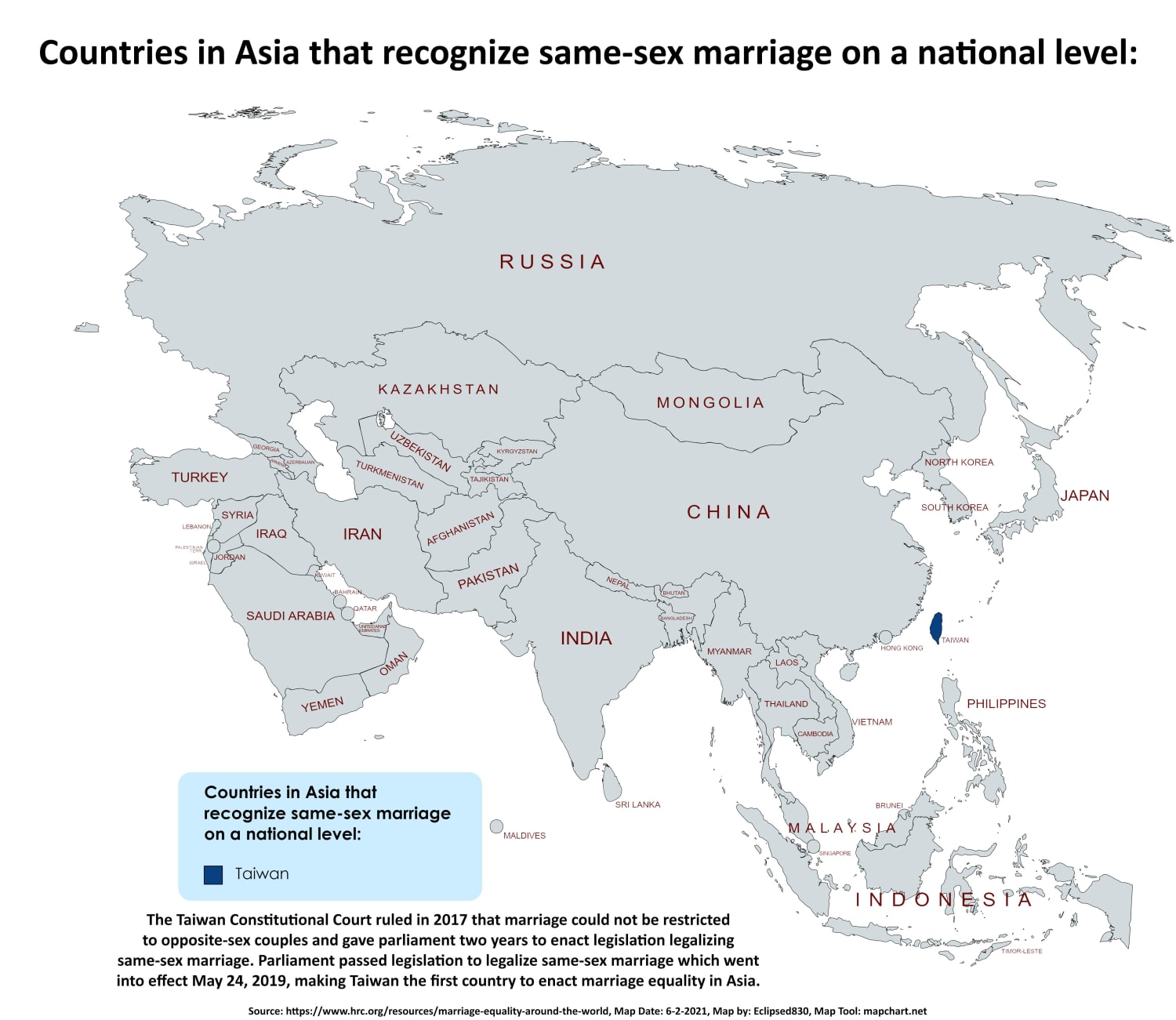 Countries in Asia that recognize marriage equality on a national level