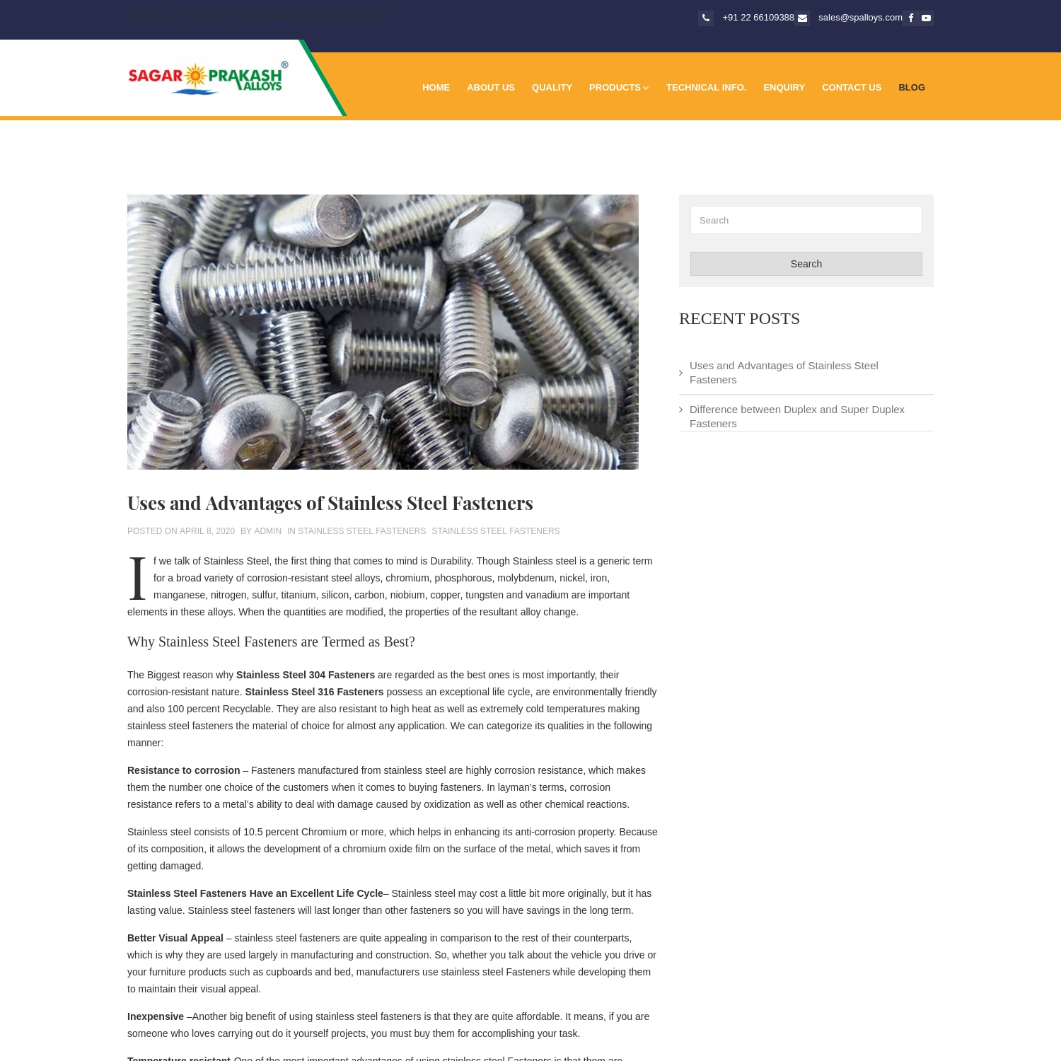 Uses and Advantages of Stainless Steel Fasteners - Sagar Prakash Alloys Blog