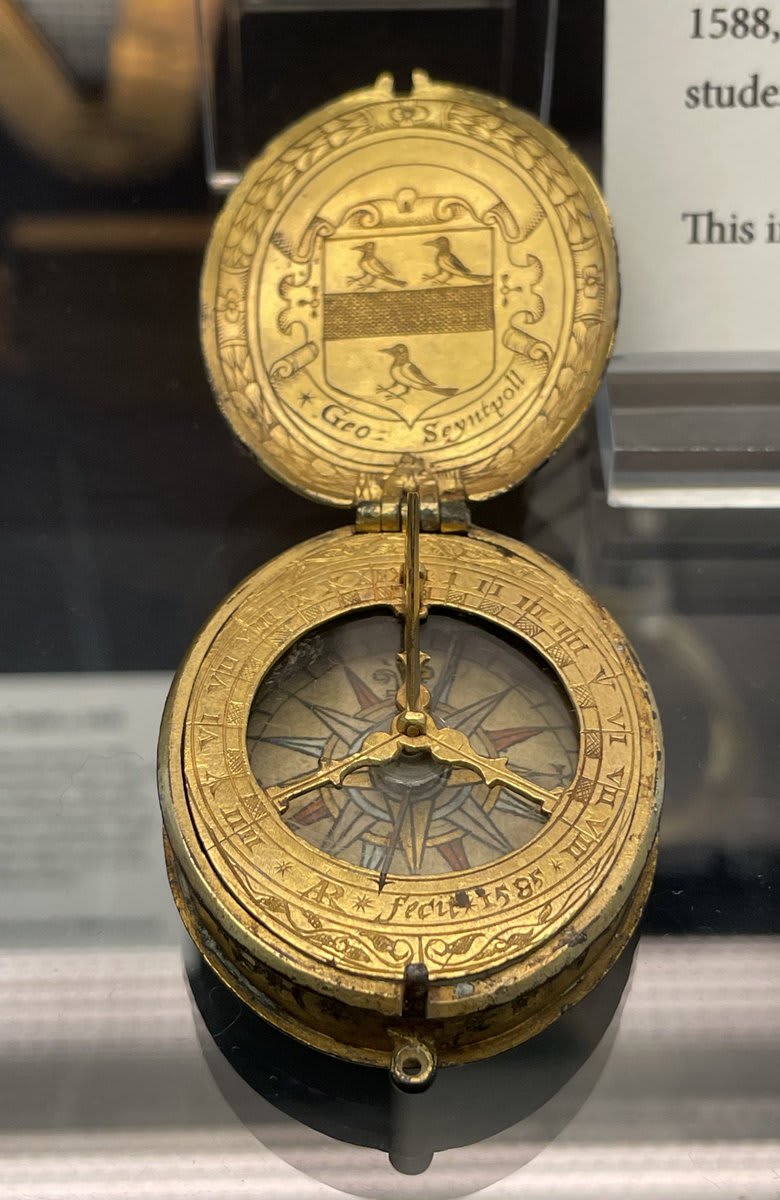 A remarkably well preserved pocket sundial made in 1585 by the instrument maker and map engraver, Augustine Ryther of London. The sundial carries the name and arms of Sir George St Paul from Snarford in Lincolnshire. (@HSMOxford)