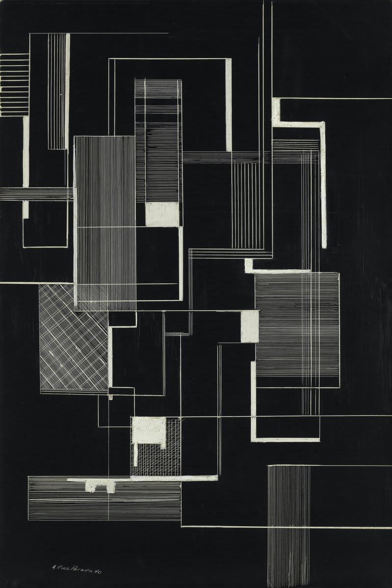 GuessTheArtist answer: Irene Rice Pereira! Philosophy, psychology, and theories of perception were influential on Pereira, and works such as “Black and White” (pictured) exemplify her investigations of light, reflection, and depth through geometric abstraction.