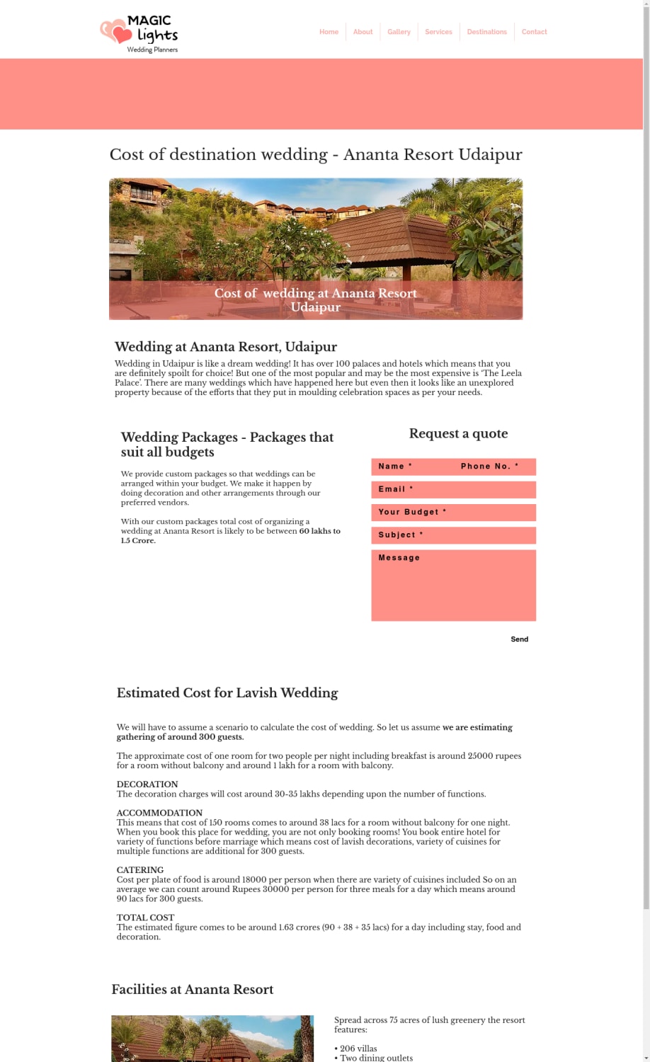Cost of Wedding at Ananta Resort, Udaipur