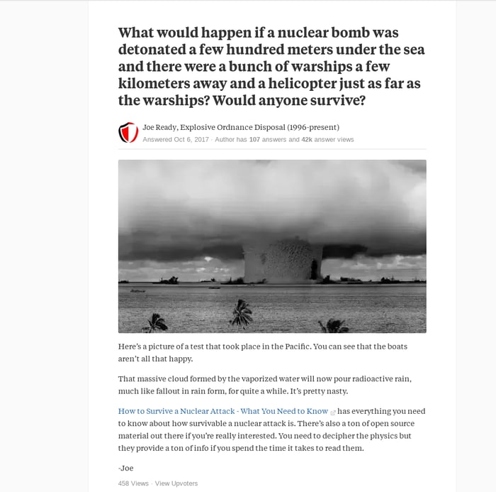 What would happen if a nuclear bomb was detonated a few hundred meters under the sea and there were a bunch of warships a few kilometers ...