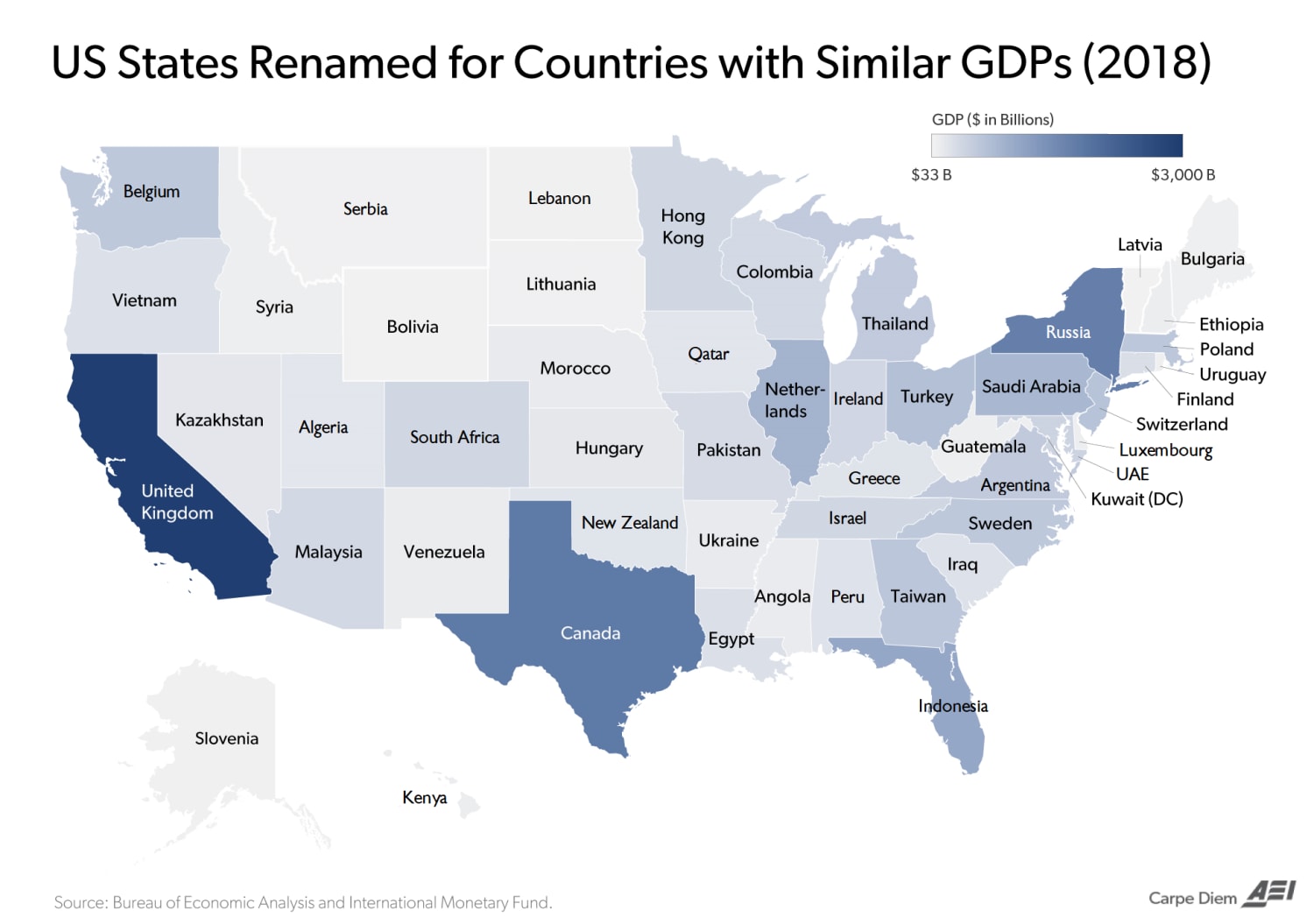US States Renamed for Countries with Similar GDPs (2018)