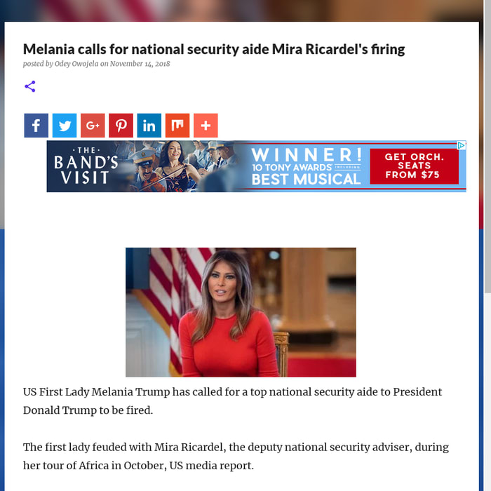 Melania calls for national security aide Mira Ricardel's firing