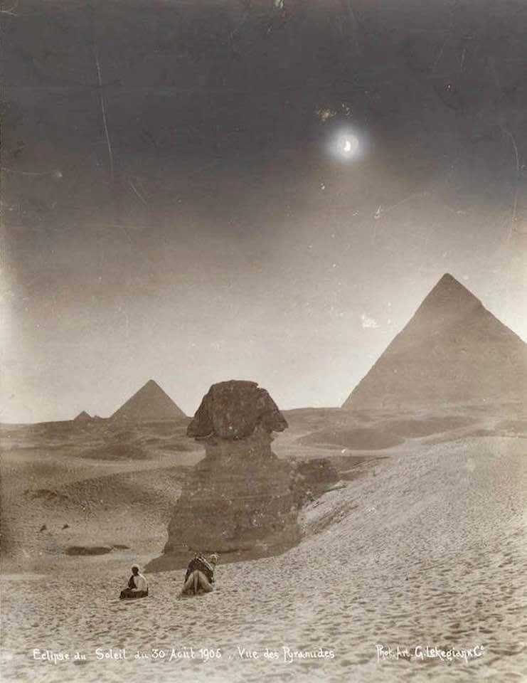 View of the Giza Pyramids and the Great Sphinx during the solar eclipse, August 30, 1905. Photo: Gabriel Lekegian