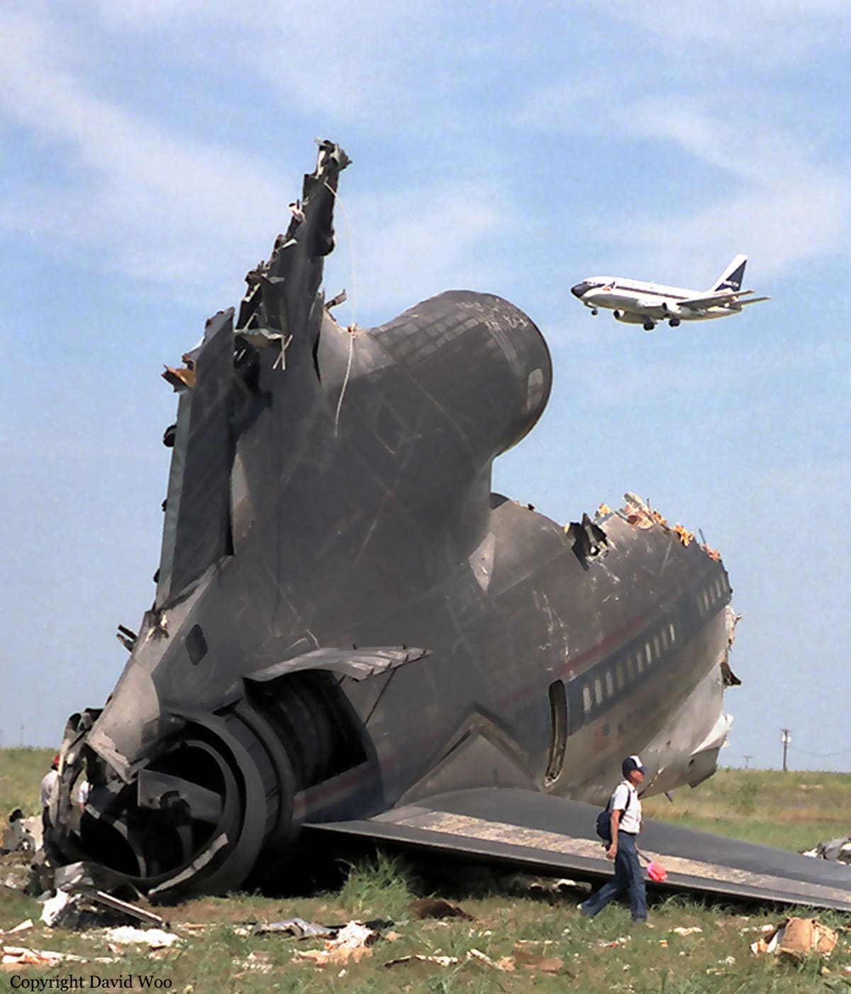 The remains of a Lockheed L-1011 Tristar airliner after encountering microburst-induced wind shear while on approach to Dallas-Fort Worth International Airport (8/1/1985). The accident claimed 137 lives, and led to the development of an onboard wind shear detection and alerting system
