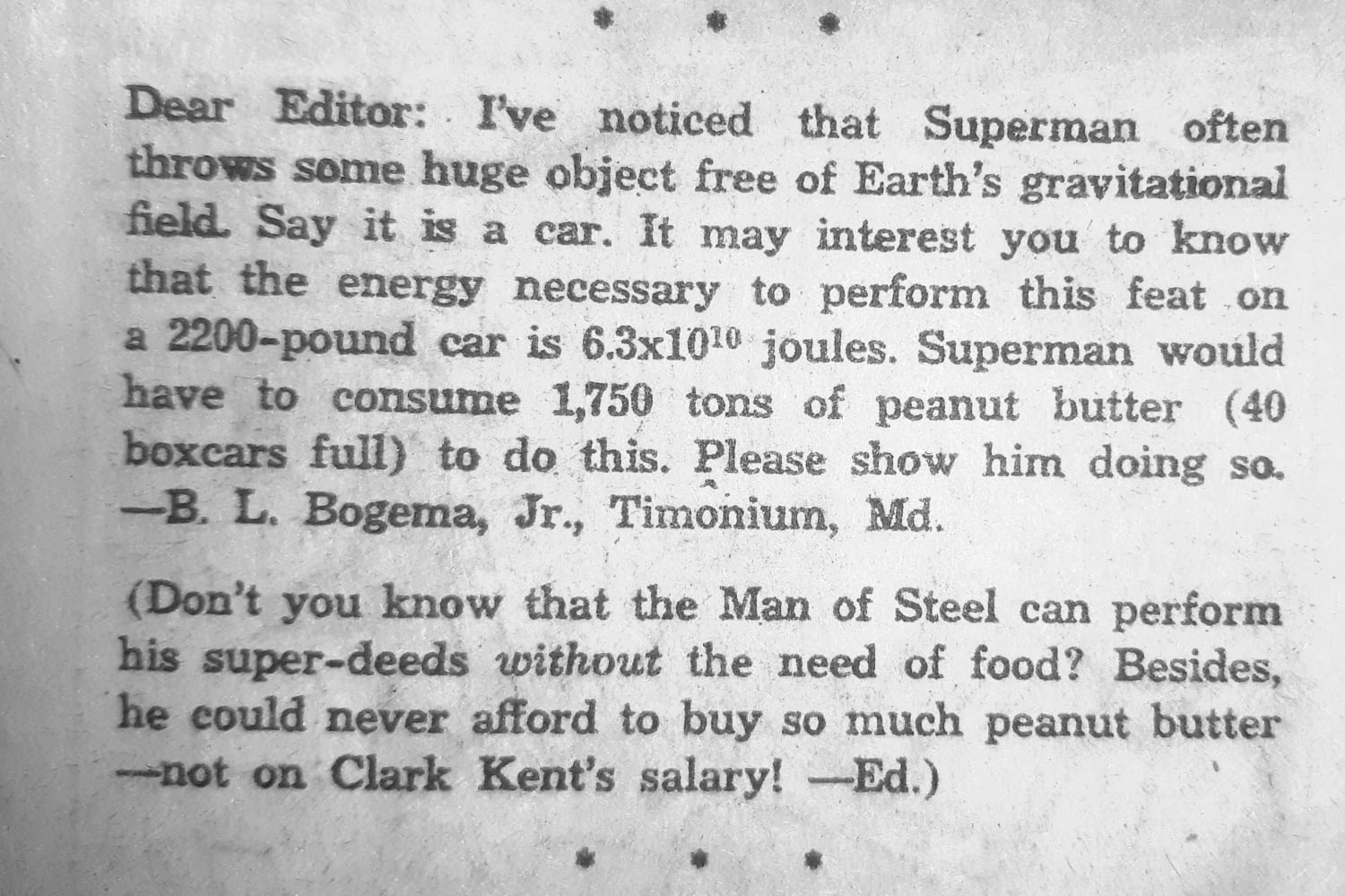 1965 fan writes to the editor about Superman's dietary needs - Action Comics 327