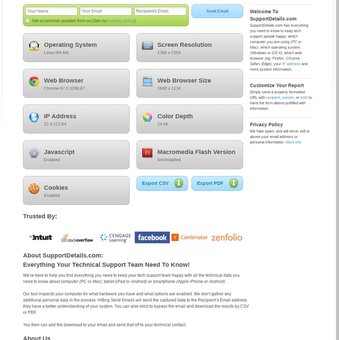 Tech Support at SupportDetails.com (system information, browser version & more)