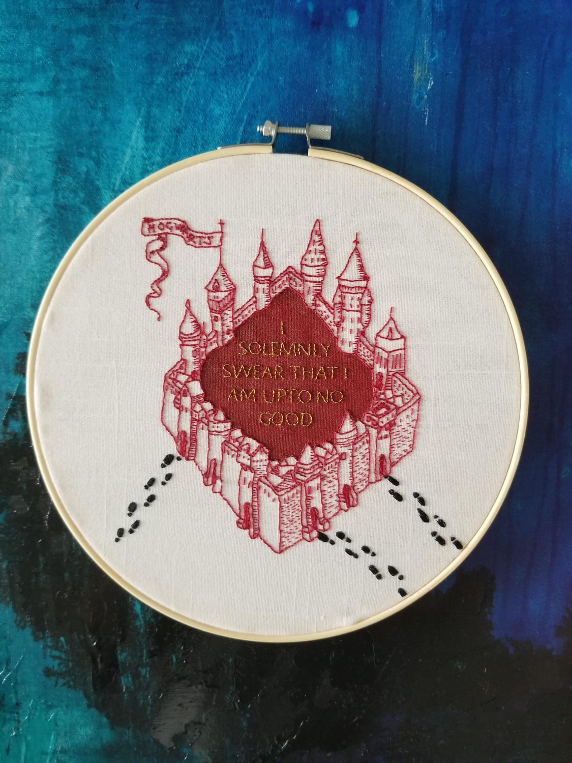 Harry Potter piece completed for a friend. Love hate relationship with gold thread continues.