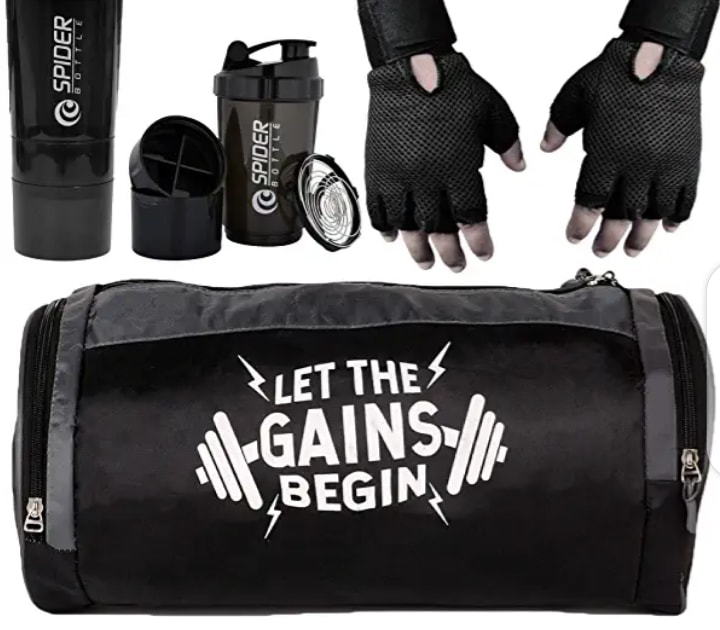 5 O' CLOCK SPORTS Combo of Gym Bag with Shoe Compartment,Gym Gloves and Spider Shaker Bottle(Black) Gym & Fitness Kit