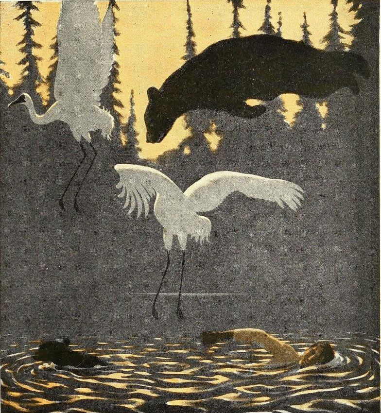 Illustration from The Living Forest (1925), by the Canadian painter Arthur Heming who — having been diagnosed with colourblindness as a child — worked for most of his life in a distinctive palette of black, yellow, and white: