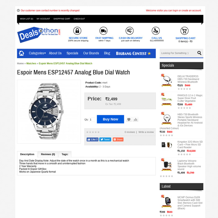 Espoir Mens ESP12457 Analog Blue Dial Watch