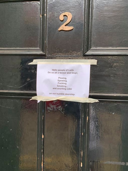 A friendly message left on a door in Leith, Scotland