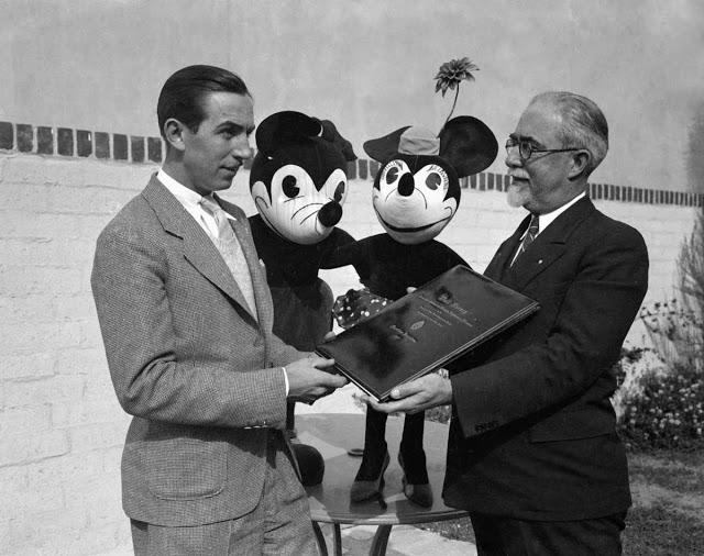 Walt Disney with Mickey and Minnie Mouse, 1933