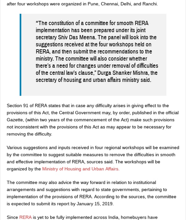 Government forms committee for smooth RERA implementation