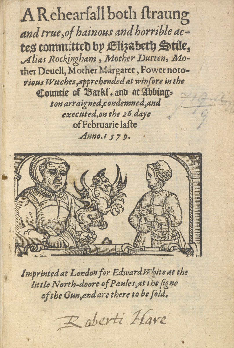 In this 1579 English witchcraft pamphlet, a preface advises prosecution of witches. During the English Witch trials, hundreds of women were wrongly accused, based on 'proof' ranging from an unusual scar or birthmark to owning a cat or other pet (a witch's familiar). 📜C.27.a.11