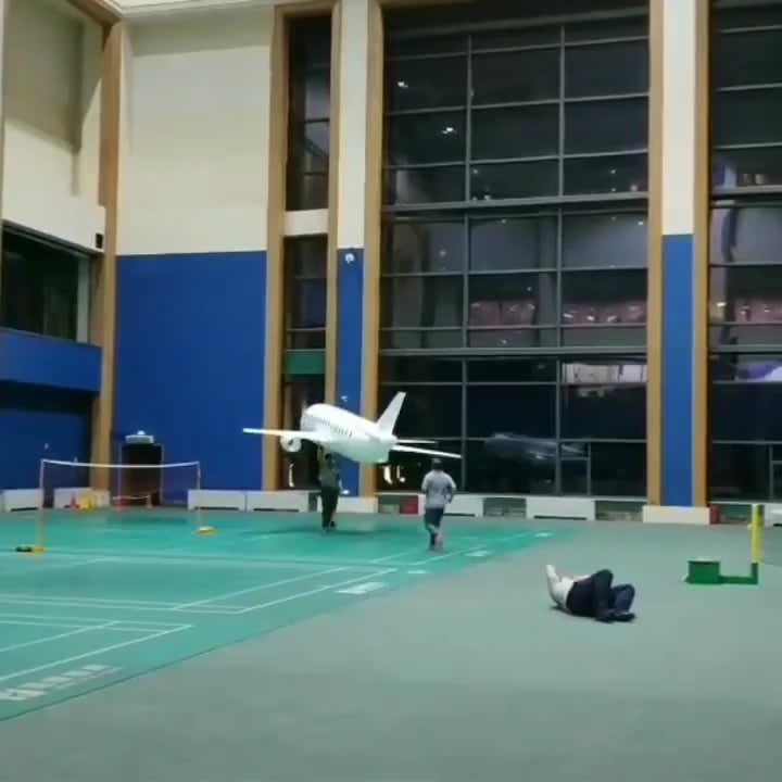 The way this massive inflatable plane flies slowly indoors