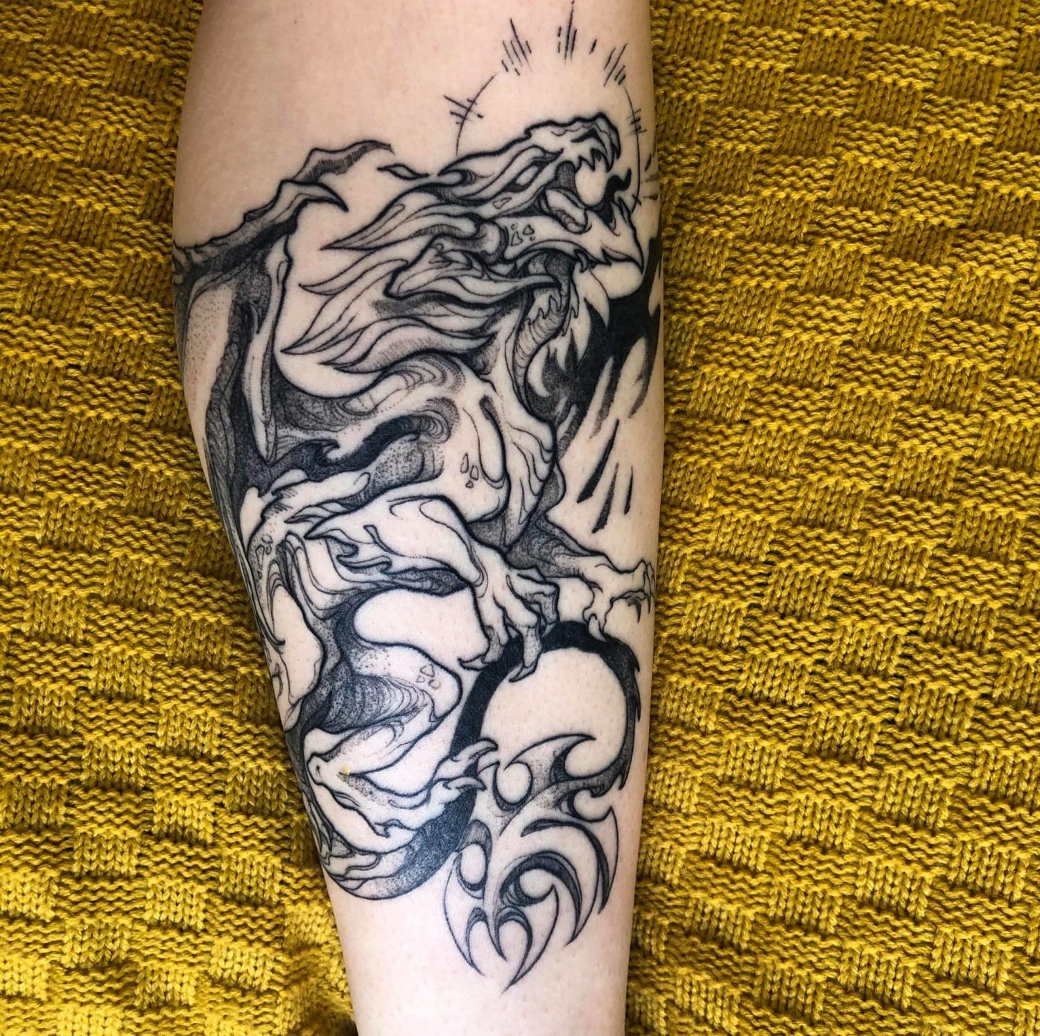 Elder dragon by Chestnut Tattoo, guest spot at Good Tattoo studio, Nottingham (February 2020)