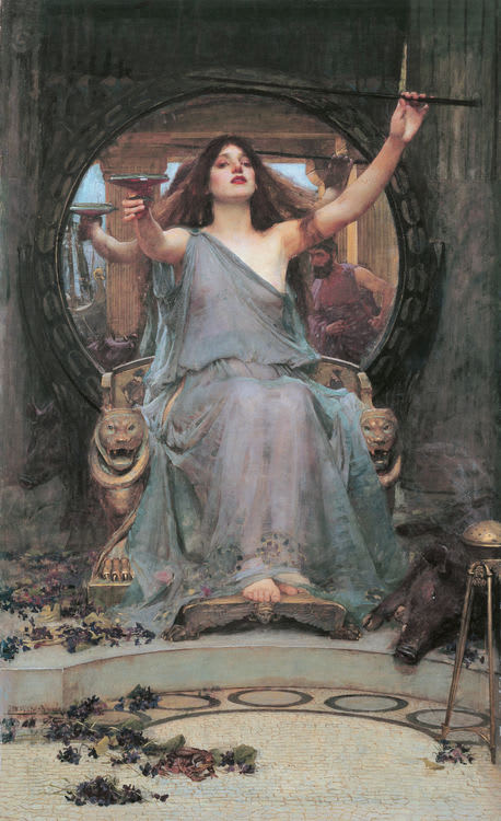 A 19th century painting by John William Waterhouse depicting the sorceress Circe of Homer's Odyssey offering a cup of magic potion to Odysseus. (Oldham Gallery, UK).
