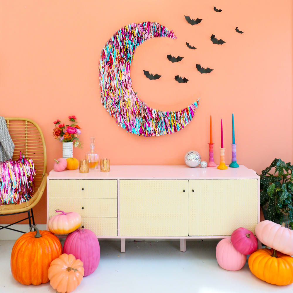 DIY Colorful Fringe Moon Halloween Decor