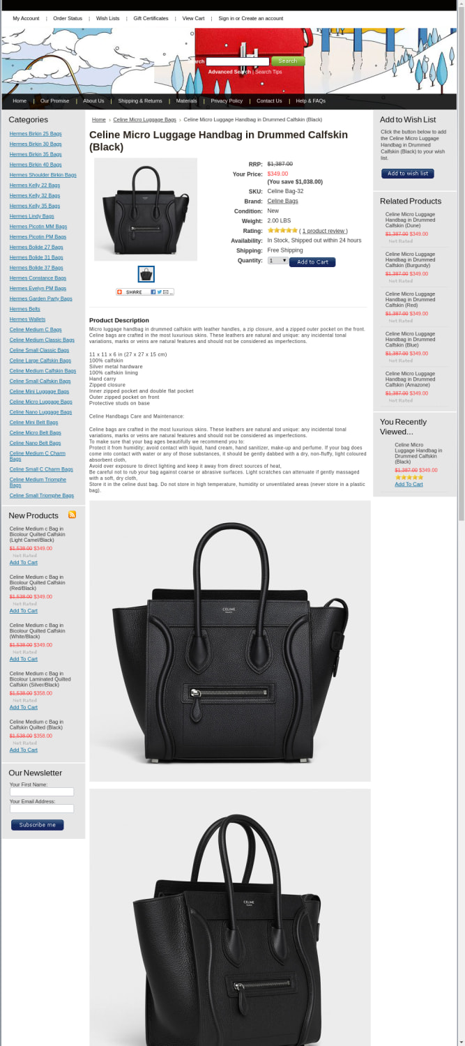 Celine Micro Luggage Handbag in Drummed Calfskin (Black)