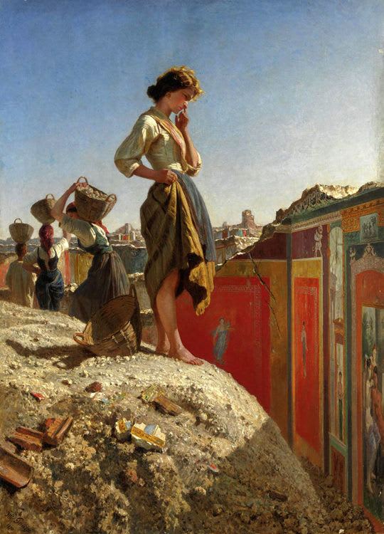 The Excavation of Pompeii. Filippo Palizzi (1818-1899) was an Italian painter of the Verismo style. This romantic painting shows what the excavation of Pompeii in the 19th century may have looked like.